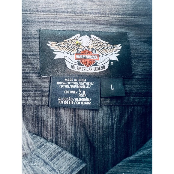 Harley Davidson Mens Long Sleeve Button Up Shirt Black Pinstripe Black Logo Lg - Picture 8 of 13